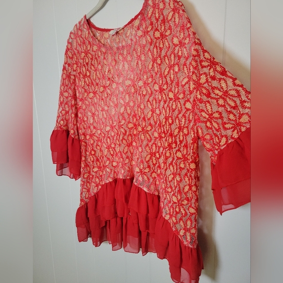 NWT Umgee Semi Sheer Ruffle Trim Tunic Top Sparkly Floral Mesh Anthropologie LG - Picture 10 of 15